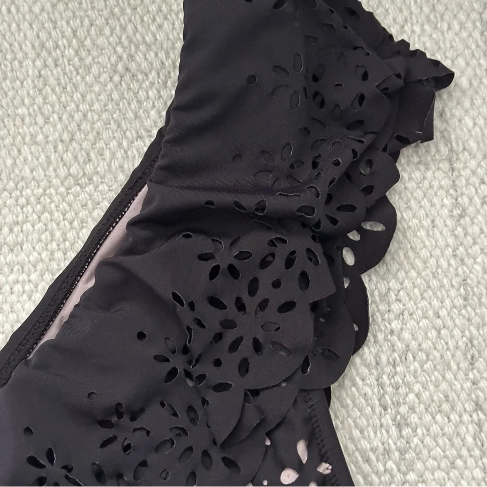 J Crew Scalloped Ruffle One Shoulder one-piece swimsuit ilaser-cut eyelet Black
